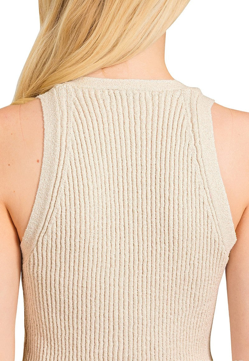 Beige ribbed tank top worn by a person with blonde hair, on a white background.