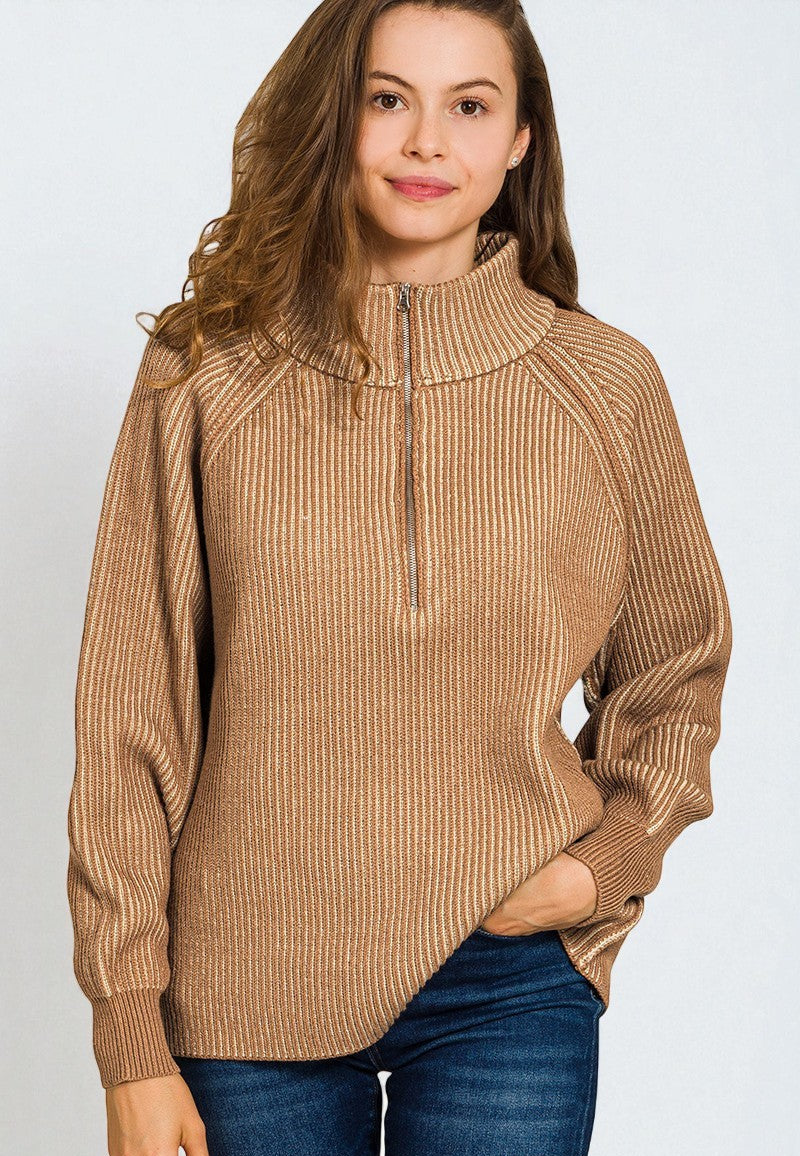 Woman wearing a brown ribbed sweater with a zipper on a white background