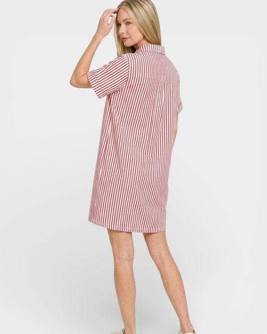 Woman wearing a red and white striped dress on a white background