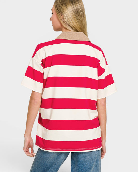 Raspberry & Ivory Striped Polo Top