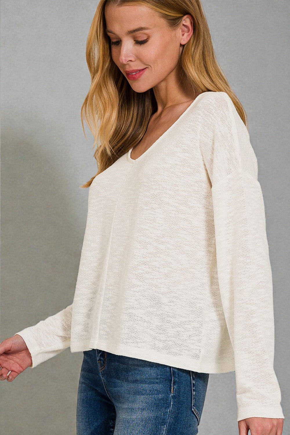 Ivory Lightweight V-Neck Long Sleeve Top
