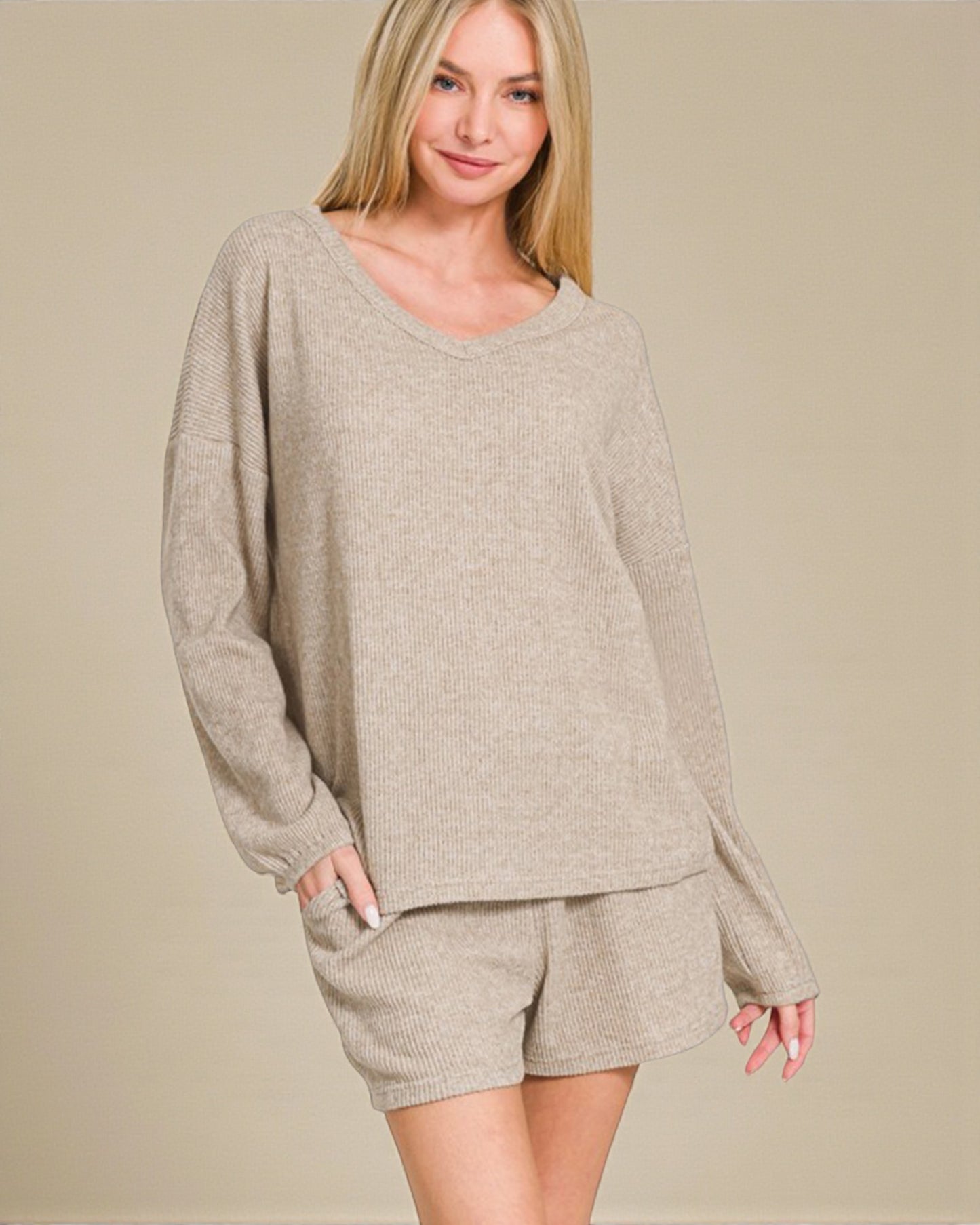 Oatmeal Ribbed Lounge Top & Shorts Set