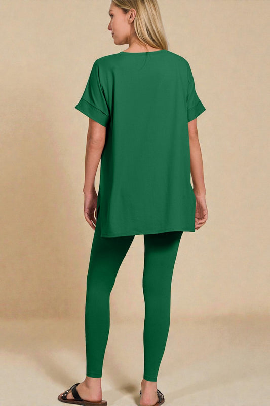 Person wearing a green outfit on a beige background