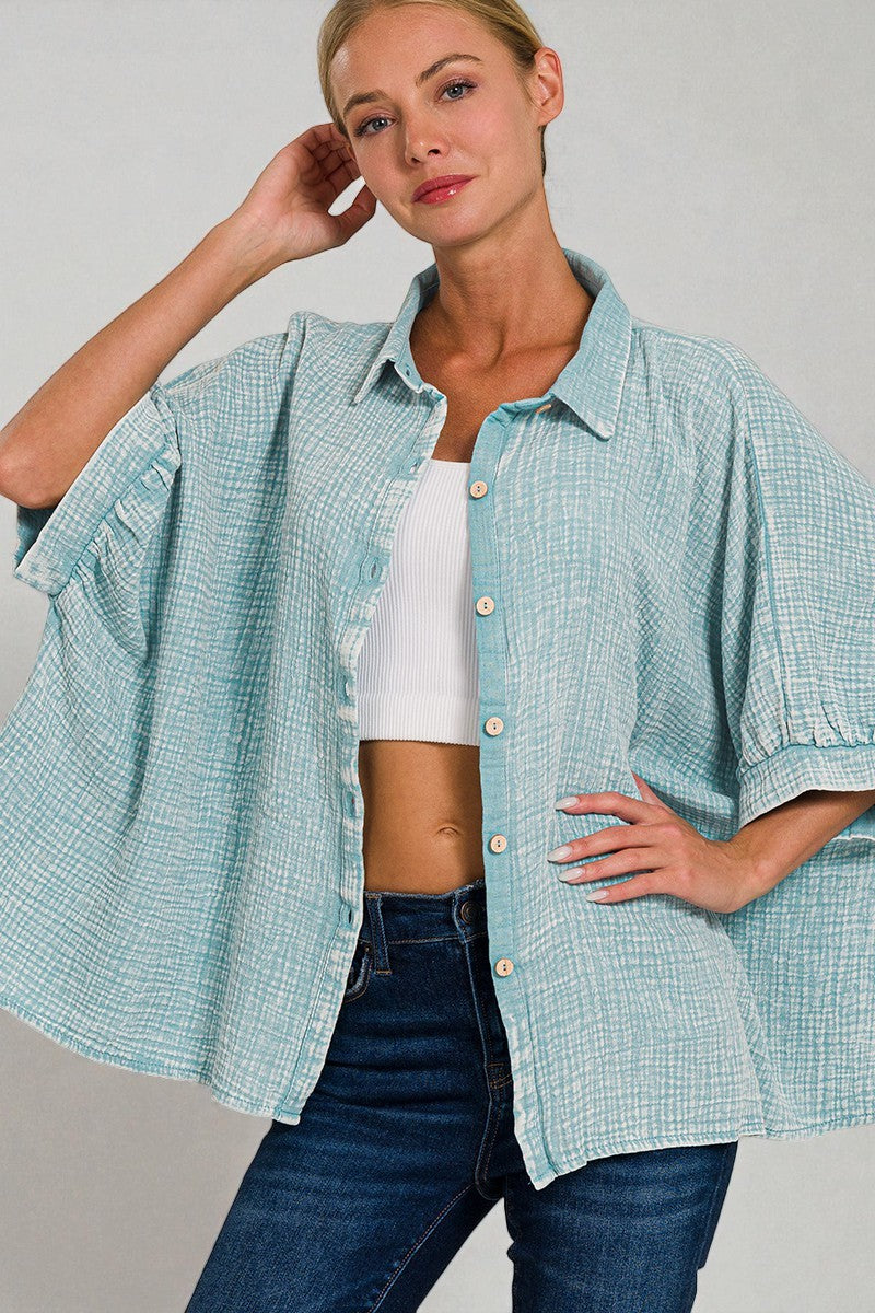 Seafoam Textured Button-Front Top