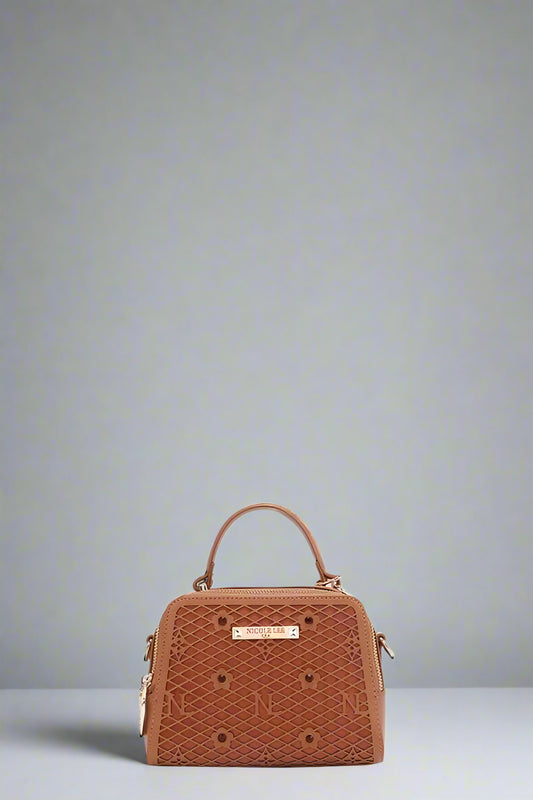 Brown handbag with textured pattern on a white background