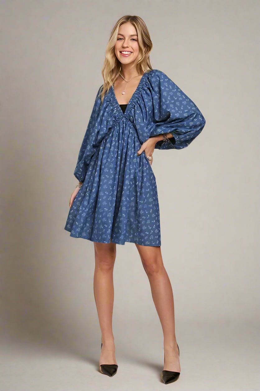 indigo mini dress ADORA Medium Wash Floral Ruched Denim Mini Dress Medium Wash / M