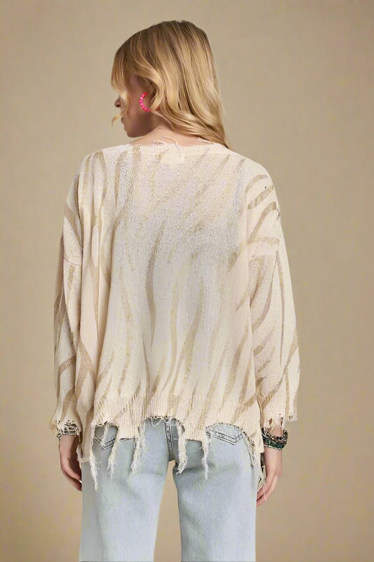 ADORA - Beige Distressed Zebra Stripe Sweater