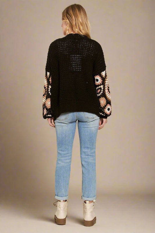 ADORA - Black Crochet Open Knit Cardigan in Blush & Mocha