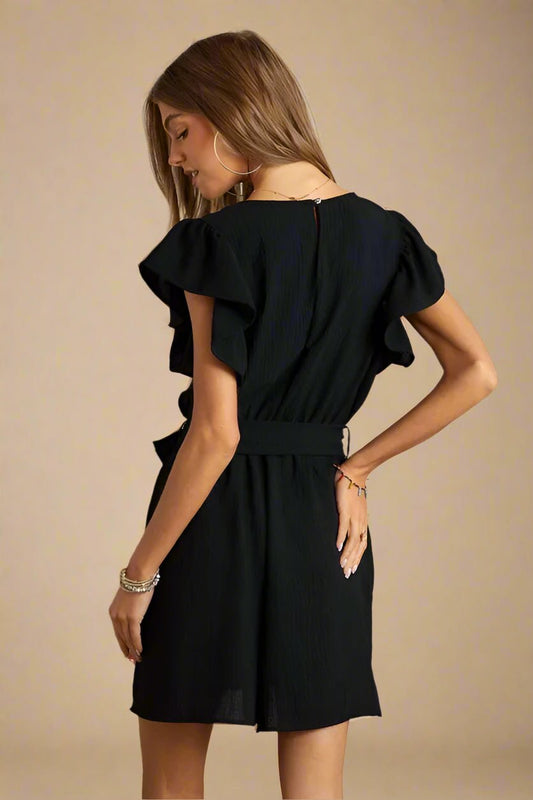 ADORA - Black Ruffle Sleeve Tie - Waist Romper