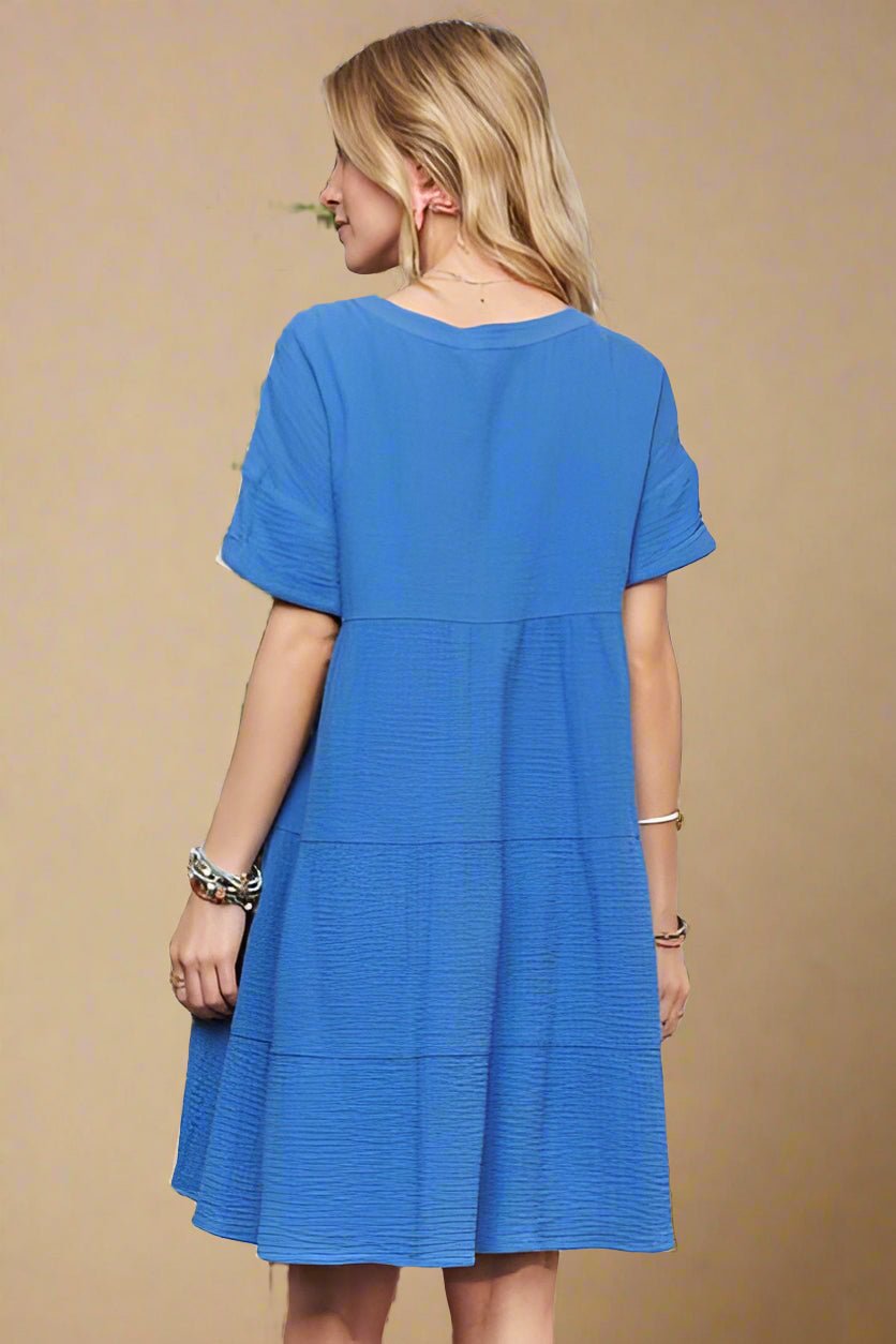 ADORA - Blue Tiered Short Sleeve Mini Dress