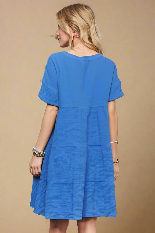ADORA - Blue Tiered Short Sleeve Mini Dress