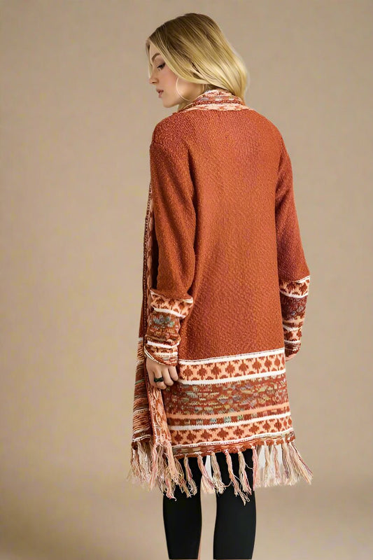 ADORA - Boho Fringe Cardigan in Rust Multi