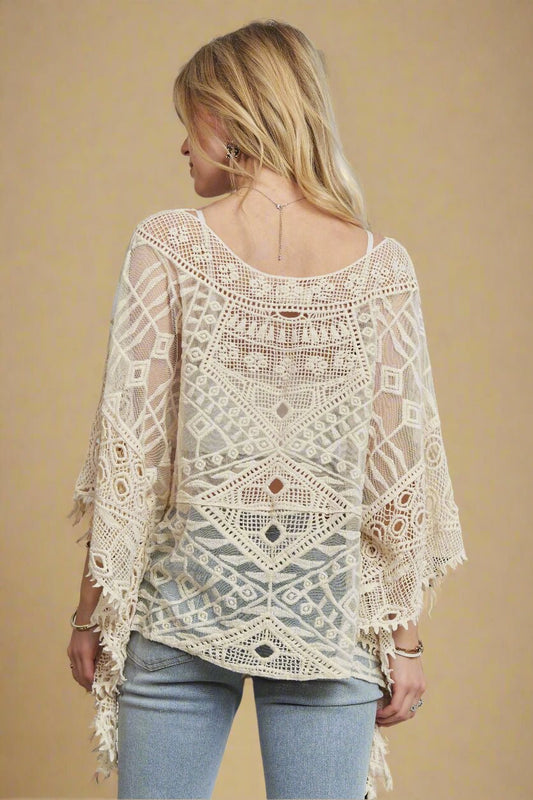 ADORA - Boho Sheer Crochet Poncho Top – Ivory Cream