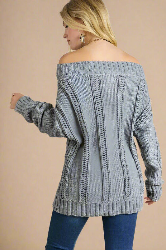ADORA - Cable Knit Off Shoulder Sweater in Smoky Charcoal Blue