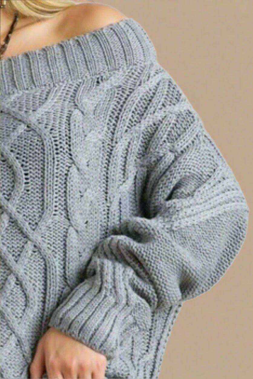 ADORA - Cable Knit Off Shoulder Sweater in Smoky Charcoal Blue