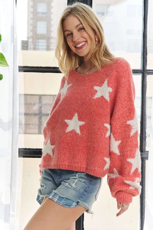 ADORA - Coral & Ivory Star Print Cozy Knit Sweater