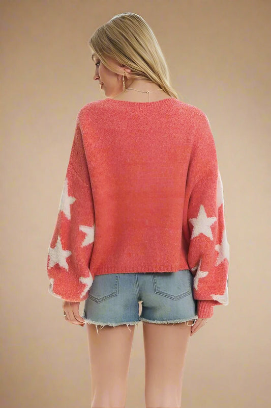 ADORA - Coral & Ivory Star Print Cozy Knit Sweater