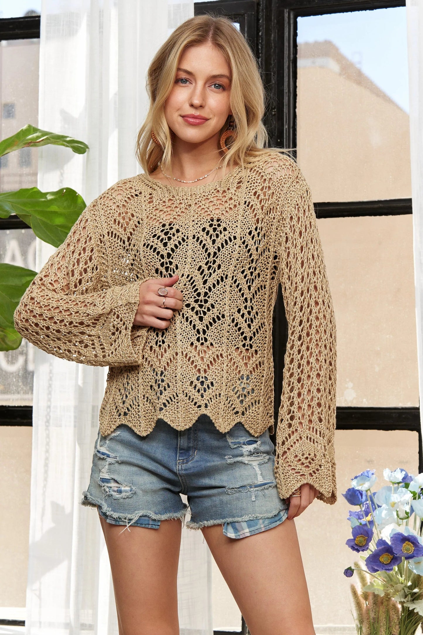 ADORA - Crochet Bell Sleeve Top in Natural Beige