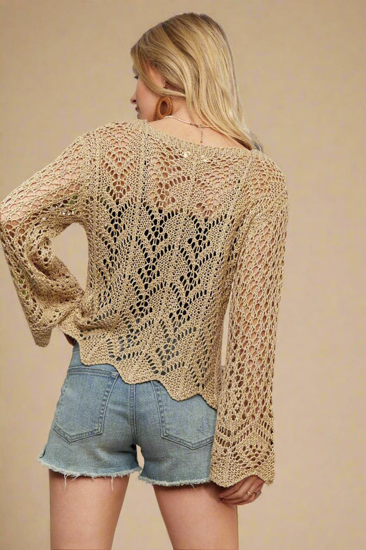 ADORA - Crochet Bell Sleeve Top in Natural Beige