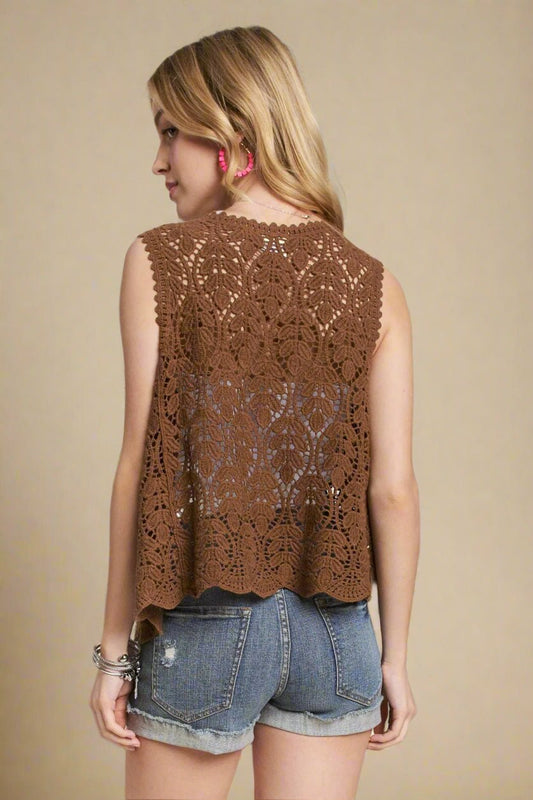 ADORA - Crochet Lace Sleeveless Cardigan in Cocoa Brown
