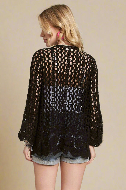 ADORA - Crochet Open Front Cardigan in Black