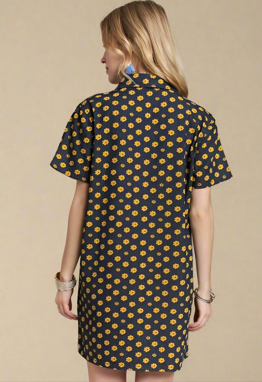 ADORA - Dark Denim Floral Button - Up Mini Dress