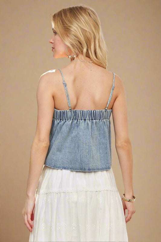 ADORA - Denim Pleated Babydoll Top in Light Wash