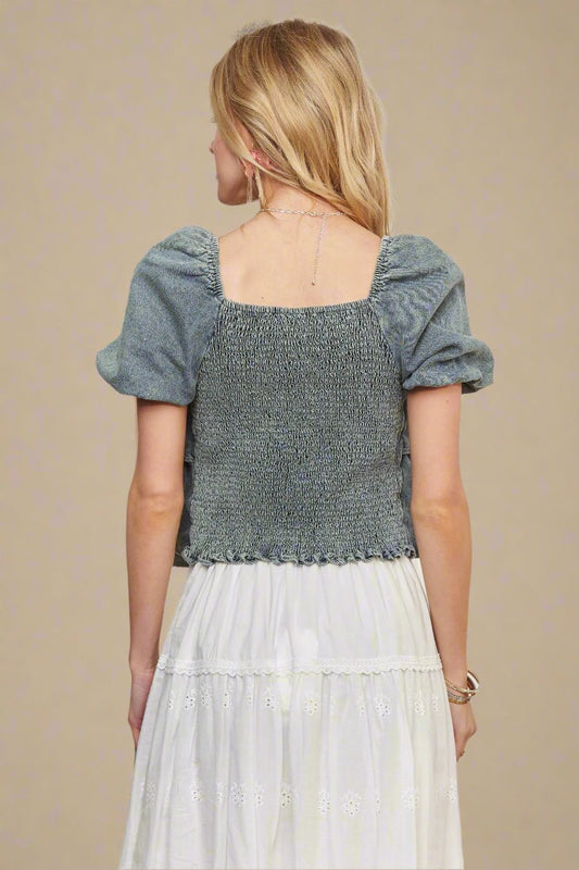 ADORA - Denim Ruffle Peasant Top in Dark Wash