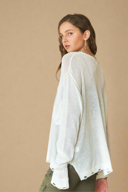 ADORA - Distressed Sheer Knit Sweater – Ivory Cream