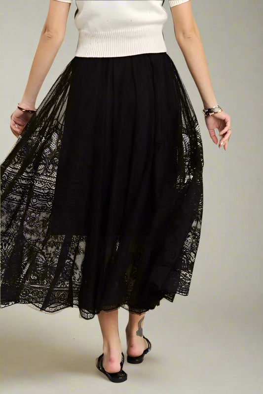 ADORA - Embroidered Lace Maxi Skirt in Black