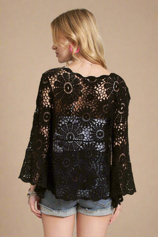 ADORA - Floral Crochet Bell Sleeve Top in Black