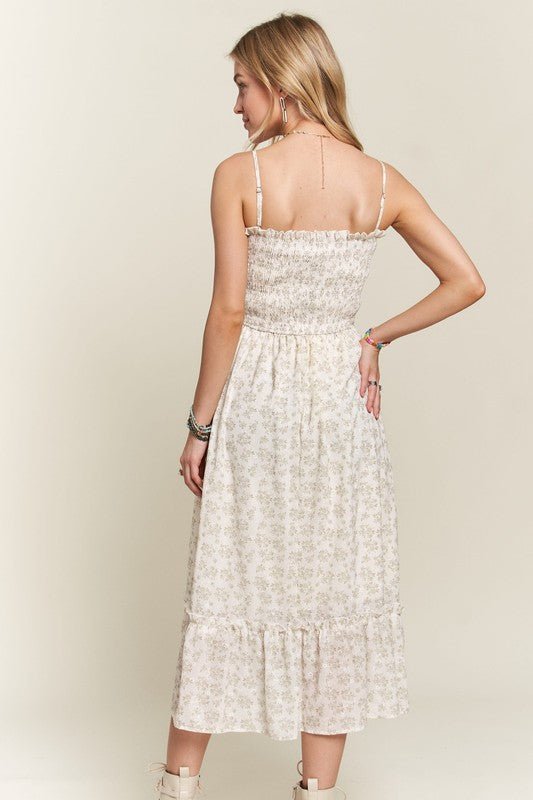 ADORA - Floral Smocked Ruffle Hem Midi Sun Dress in Sage