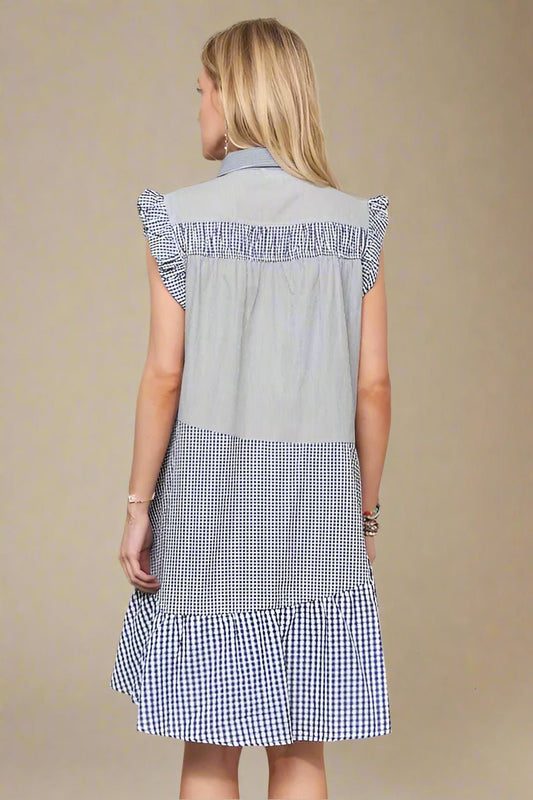 ADORA - Gingham Button Front Mini Dress – Navy