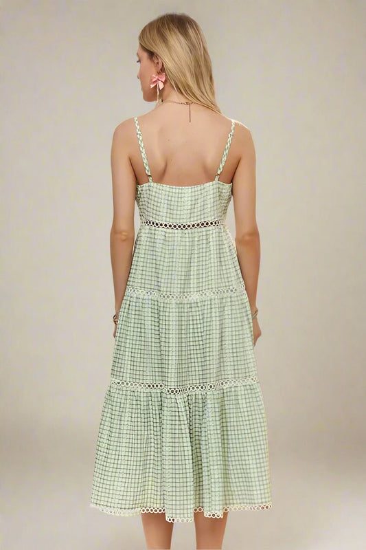 ADORA - Gingham Lace Trim Midi Dress – Sage Green