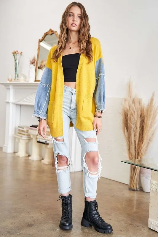 ADORA - Golden Mustard Knit Cardigan with Denim Patch Sleeves