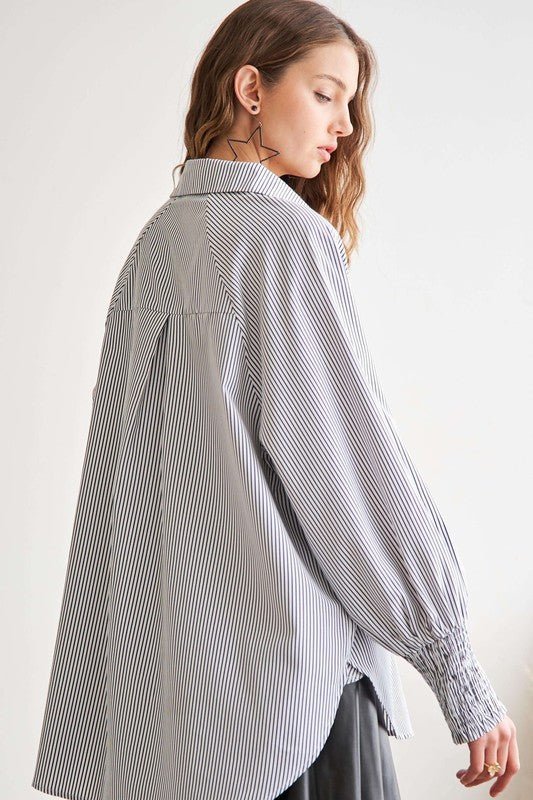 ADORA - Gray Striped High - Low Hem Smocked Cuff Shirt