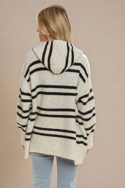 ADORA - Hooded Striped Button Cardigan – Ivory & Black