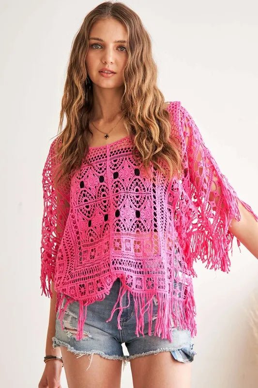 ADORA - Hot Pink Crochet Fringe Poncho Top