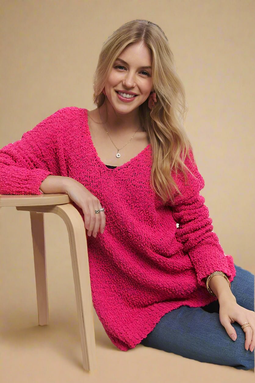 ADORA - Hot Pink High - Low Hem V - Neck Tunic Sweater
