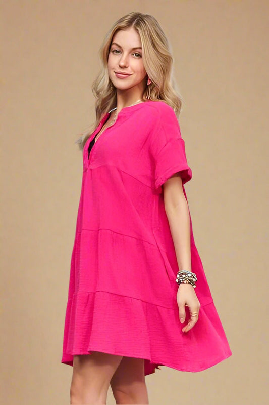 ADORA - Hot Pink Tiered Short Sleeve Mini Dress