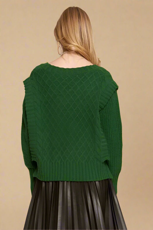 ADORA - Hunter Green Cable Knit V - Neck Sweater
