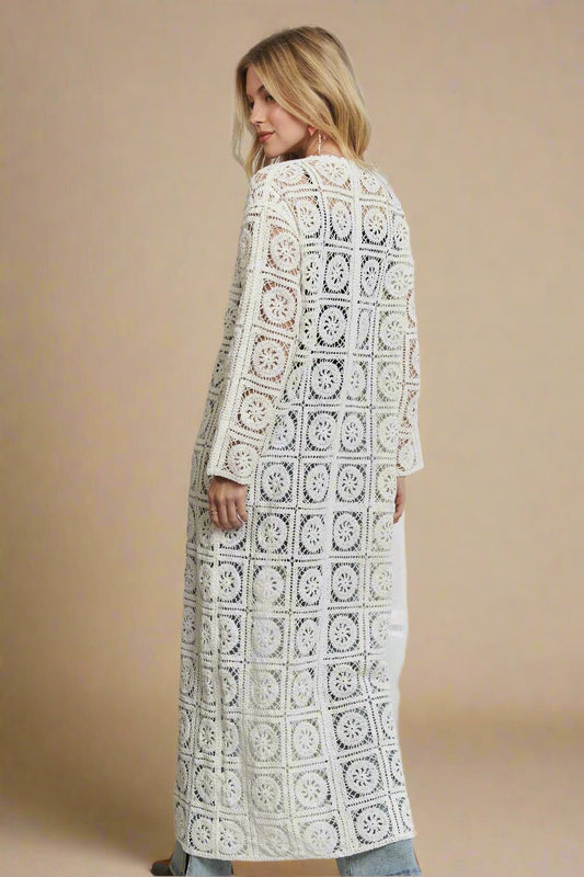 ADORA - Ivory Crochet Lace Tie - Front Duster Cardigan