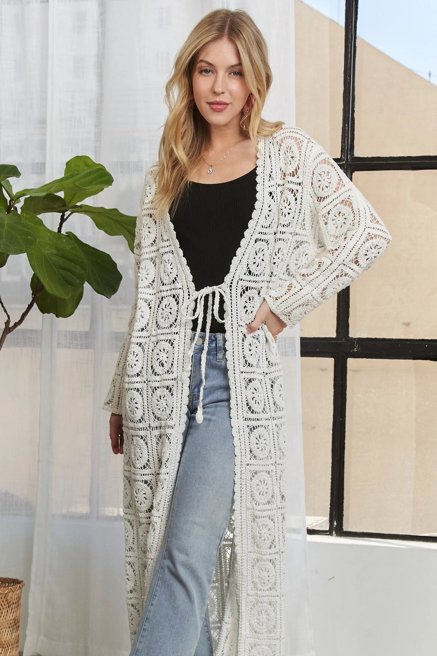ADORA - Ivory Crochet Lace Tie - Front Duster Cardigan