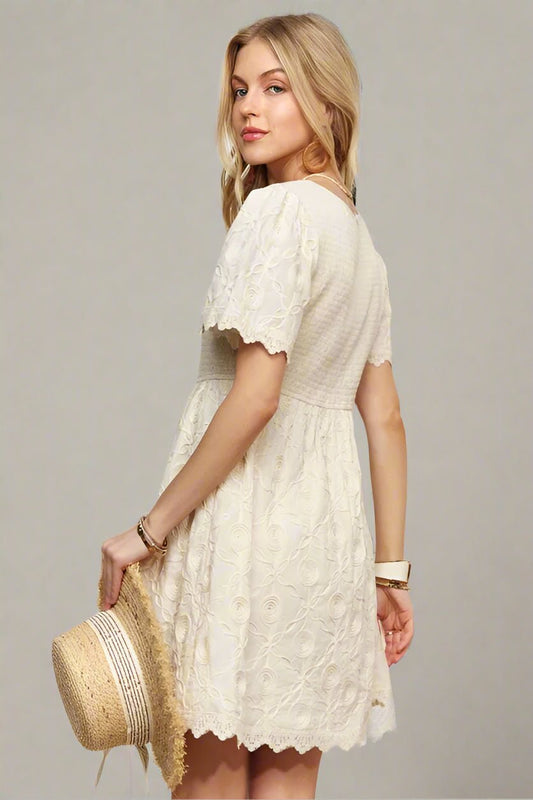 ADORA - Lace Puff Sleeve Mini Dress in Ivory Cream