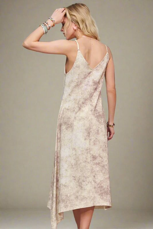 ADORA - Lace Trim Tie - Dye Midi Dress in Smoky Taupe