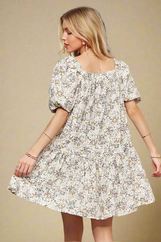 ADORA - Light Blue Floral Puff Sleeve Mini Dress