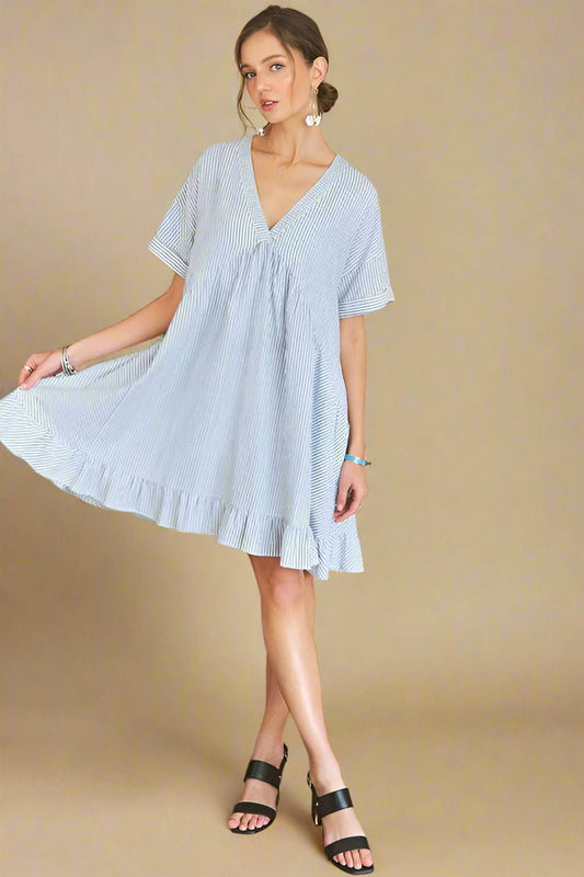 ADORA - Light Blue Striped Babydoll Mini Dress