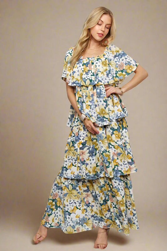 ADORA - Navy Floral Layered Off - Shoulder Maxi Dress