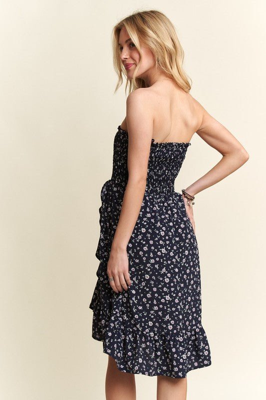 ADORA - Navy Floral Smocked Strapless Mini Dress with Pockets