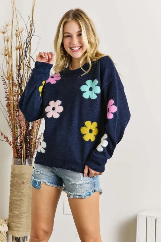 ADORA - Navy Multicolor Daisy Knit Sweater